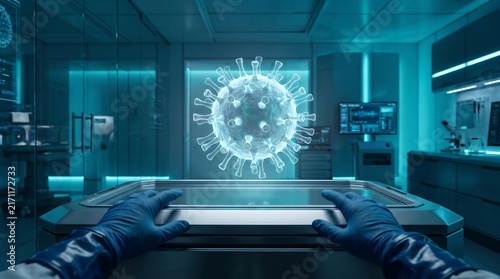 Researcher Hands Interacting with Holographic Virus