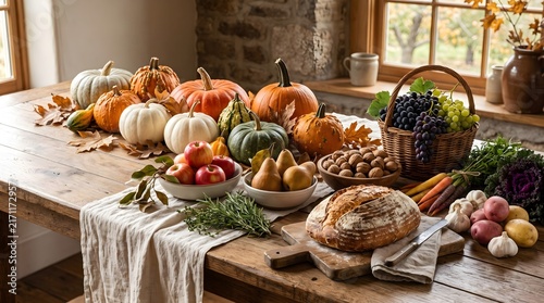Abundant autumn harvest display with colorful pumpkins, fresh bread, fruits, and vegetables arranged on a rustic wooden runner table
