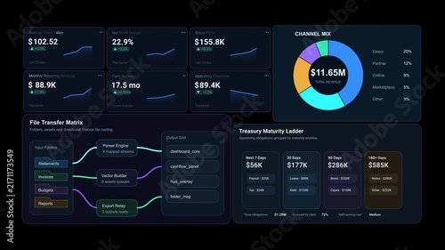 Dashboard 3 finance HUD user interface with risk heat map, exposure metrics, volatility sensors, warning indicators and futuristic fintech analytics motion graphics