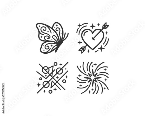 Minimalist linear celestial icon set with ornamental butterfly, Cupid heart arrow, geometric sigil, starburst swirl emblems