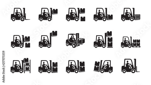 Set of Forklift Truck Icons for Logistics and Warehouse Operations