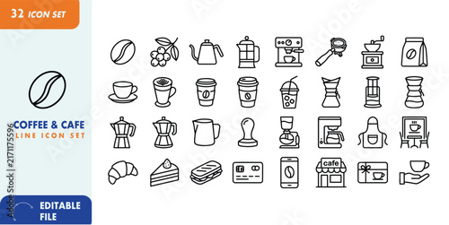 Coffee and Cafe Line Icon Set – Coffee Shop, Brewing, Espresso, Bakery and Barista
