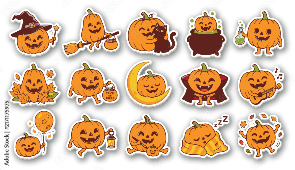 Fototapeta premium Set of cute cartoon halloween pumpkin stickers with various costumes and festive elements for seasonal holiday decorations