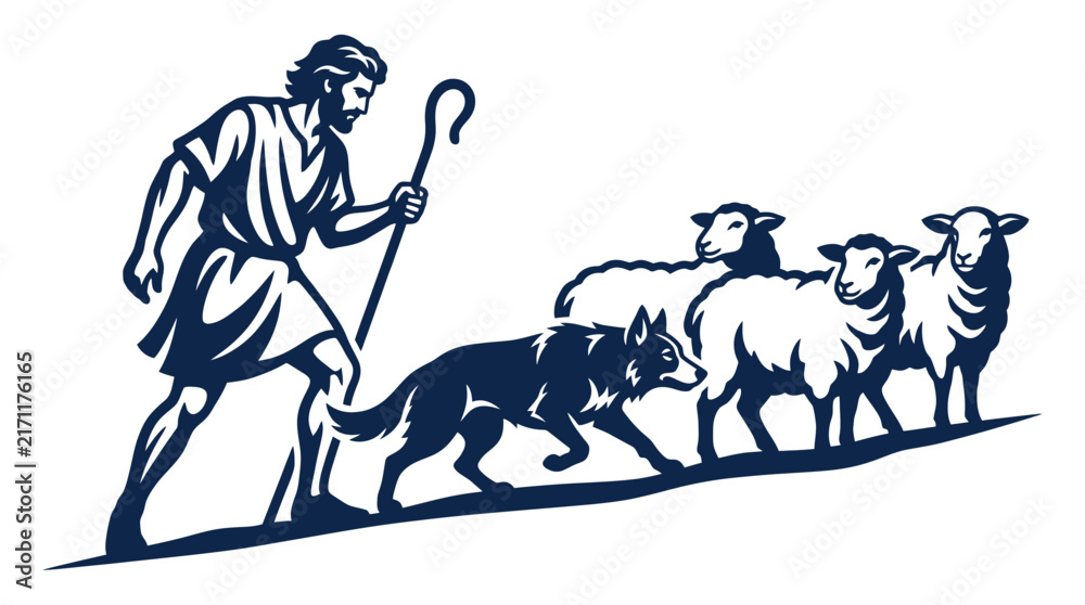 Fototapeta premium Shepherd with staff guiding sheep and wolf isolated vector illustration traditional biblical scene