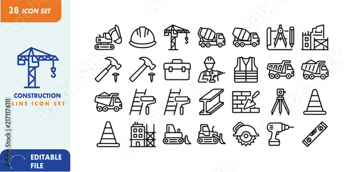Construction Line Icon Set – Building, Architecture, Engineering, Tools and Project Management