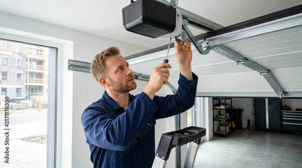 Fototapeta premium A skilled technician working on garage door repair and installation services.