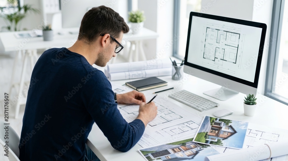 Obraz premium Architectural designer reviewing floor plans and house photos at a desk.