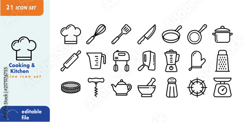 Cooking and Kitchen Line Icon Set – Food Preparation, Utensils, Appliances, Baking and Home Cooking