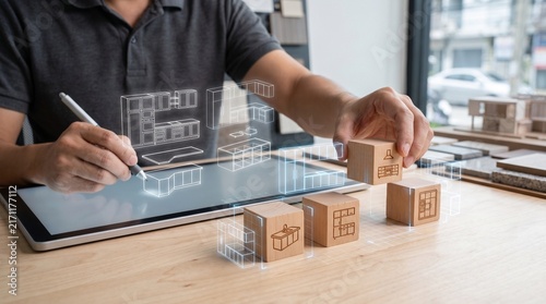 Interior designer working on kitchen layout using digital tablet and wooden blocks