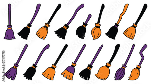Collection of cartoon witch brooms in orange and purple hues flat vector illustration broom halloween