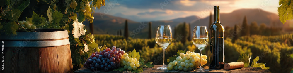 Fototapeta premium Chilled white wine glasses beside bottle on rustic wooden table with vineyard sunset view across rolling hills and warm golden light creating elegant outdoor tasting mood