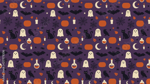 A vibrant Halloween-themed pattern featuring ghosts, pumpkins, and bats on a purple background