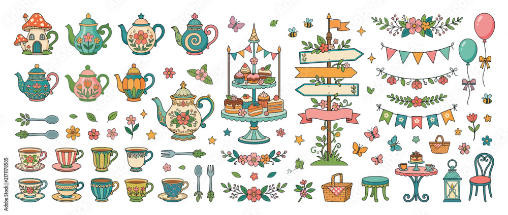 Fototapeta premium Whimsical Tea Party Elements Collection Isolated