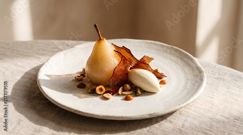 Elegant autumn dessert featuring a poached pear served with whipped cream, autumn crisp leaf, and toasted hazelnut crumble on a ceramic ceramic plate with soft daylight.