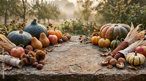 Autumnal harvest table surface background decorated with colorful pumpkins, gourds, fall leaves, and nuts, with copy space in the center for text placement.