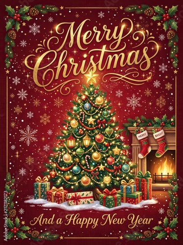 Festive decorated christmas tree with ornaments and wrapped gifts beside roaring fireplace and hanging stockings in cozy living room holiday interior scene