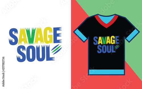 Canvas Print Savage soul brush stroke typography displayed on a black v-neck t-shirt with blu