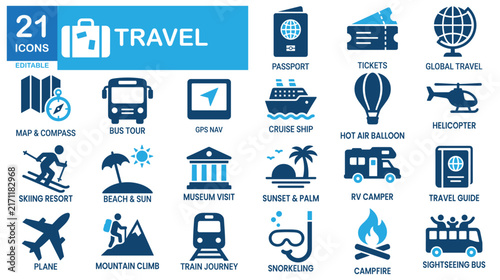 Travel solid icon set. Vacation, flight, luggage, hotel. Vectors for trip booking apps.