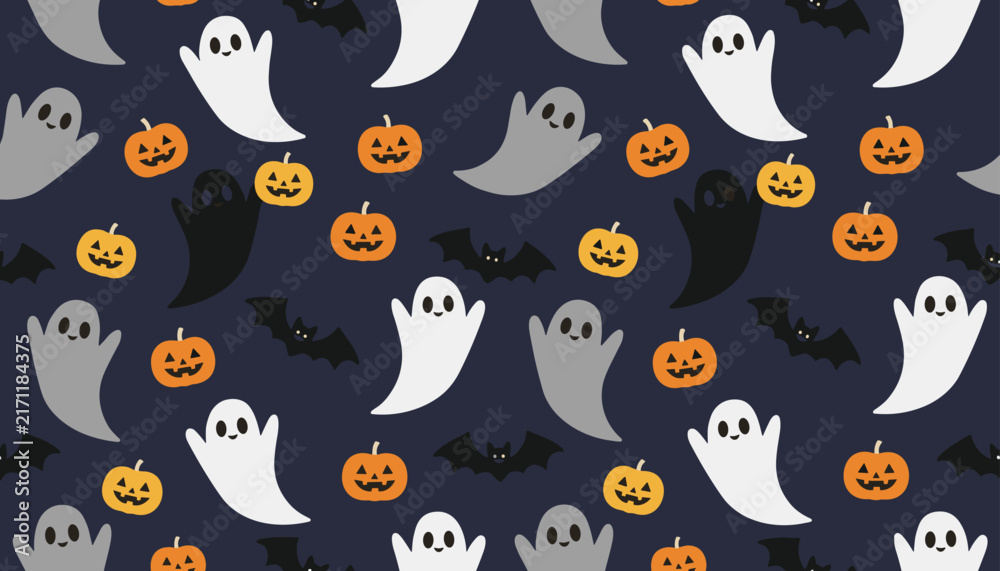 Obraz premium Seamless pattern of spooky cartoon ghosts, little pumpkins, and flying bats on a dark navy blue background.