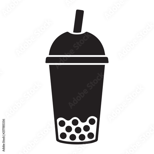 Boba Milk Tea Plastic Cup with Straw Black Silhouette Vector Illustration for Cafe Logo and Bubble Tea Icon.