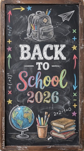 Back to School 2026 chalkboard sign with colorful hand drawn educational icons and text