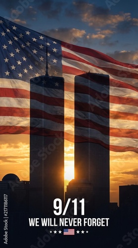 9/11 Memorial Tribute Poster with Twin Towers Silhouette and American Flag at Sunset