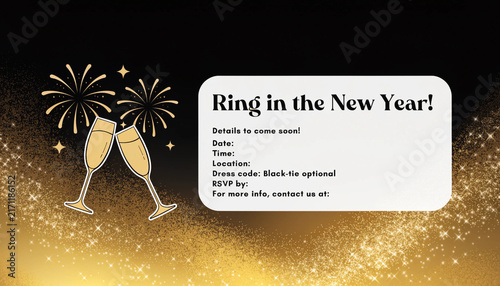 New year celebration invitation template featuring champagne glasses and golden fireworks on a black background with celebration party festive new black tie announcement
