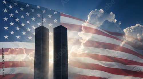 9/11 Patriot Day 20th Anniversary Remembrance with American Flag and New York Skyline