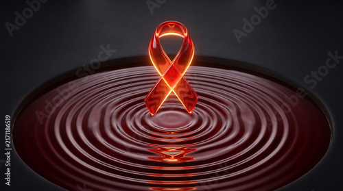 A glowing red glass ribbon symbol hovering above concentric ripples in a dark liquid pool with translucent red awareness ribbon floats suspended over dark circular basin filled rippling liquid