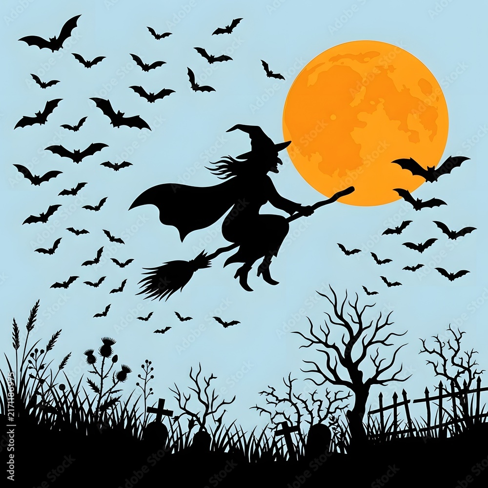 Fototapeta premium Silhouette of a witch flying on a broomstick against a full moon