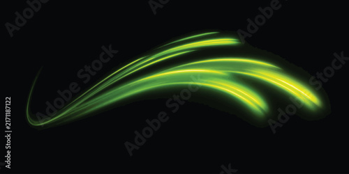 Bild auf Leinwand Abstract glowing green light streaks curving dynamically across a dark black bac