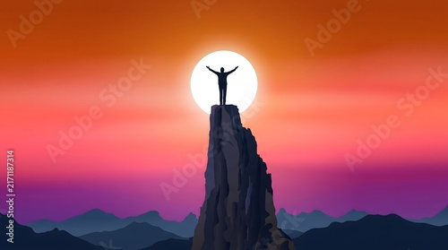 Silhouette of a person standing on a high mountain peak with arms raised in front of a large sun with standing triumphantly rocky