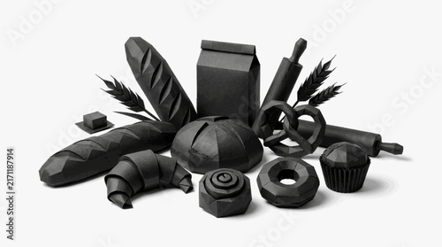 Assorted Fresh Bread and Pastry Collection with Wheat and Baking Ingredients, Black and White Illustration