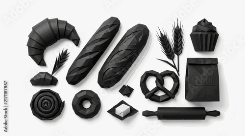 Assorted Bread and Bakery Products with Wheat Elements, Minimal Black and White Illustration