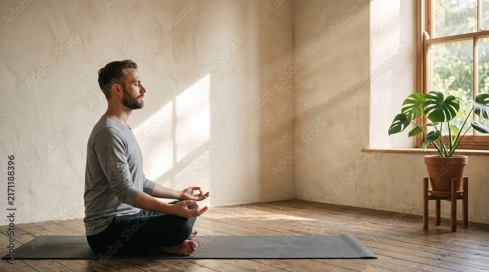 Fototapeta premium Young man meditating seated on yoga mat in sunlit minimalist room by window, indoor mindfulness practice in calm warm interior, focused breathing