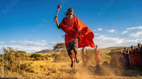 Maasai man jumping in red shuka during traditional group ceremony on dusty savanna plain, outdoors daytime ritual with energetic communal celebration