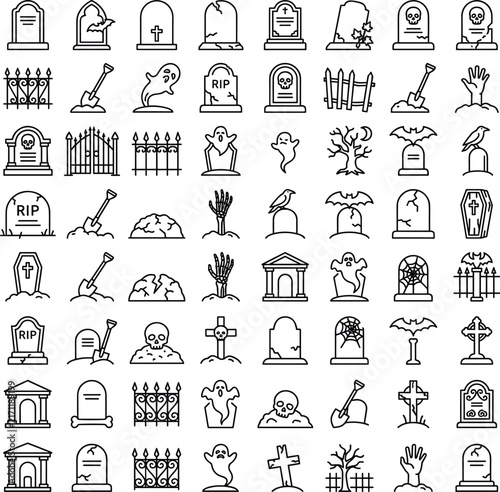 Foto Halloween Graveyard and Tombstone Outline Icon Collection