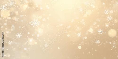 Golden Christmas Background with Sparkling Snowflakes, Glowing Lights, Glitter, Stars and Festive Winter Holiday Decoration Pattern
