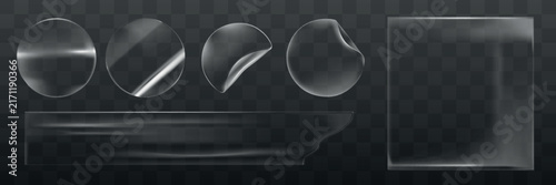 Obraz na plátne Vector set of transparent glass shapes on a dark checkered background
