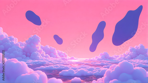 Abstract surreal landscape with pink clouds and floating purple organic shapes in the sky.