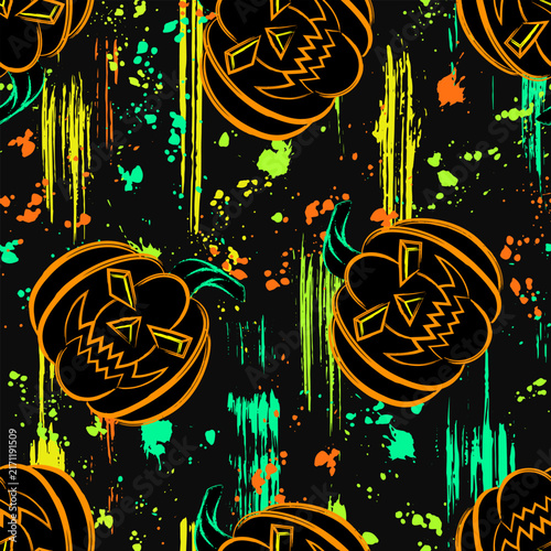 Halloween seamless pattern with falling, flying pumpkin head. Neon fluorescent ink splatters, paint drips, smeared strokes of paint. Grunge style.