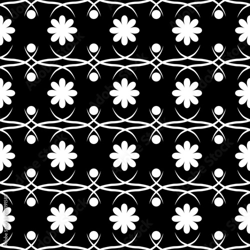 White flowers on horizontal line monochrome seamless pattern