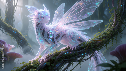 A magical glowing crystalline creature with wings perched on a vine in a mystical forest.