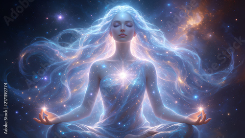 Ethereal woman meditating in deep space with glowing cosmic energy and stardust aura.