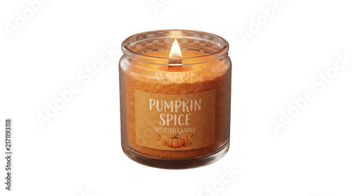 Foto Pumpkin spice scented candle glows inside transparent glass jar with warm orange wax and flickering flame creating cozy autumn ambiance decoration