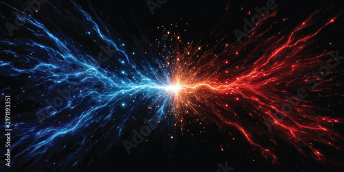 Quadro su tela Abstract energy clash between blue and red electric lightning sparks with sci fi