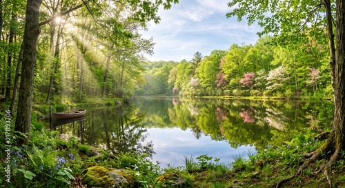 Spring lake in a lush green forest with sun rays shining through trees and calm water reflecting fresh leaves