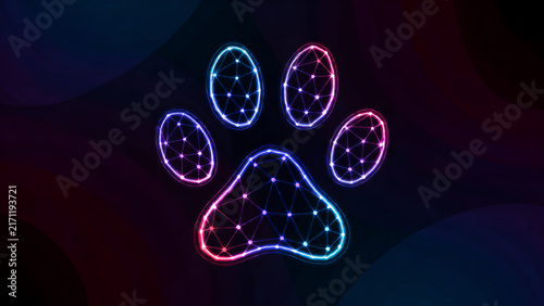 Abstract glowing digital paw print icon with a futuristic network mesh design.