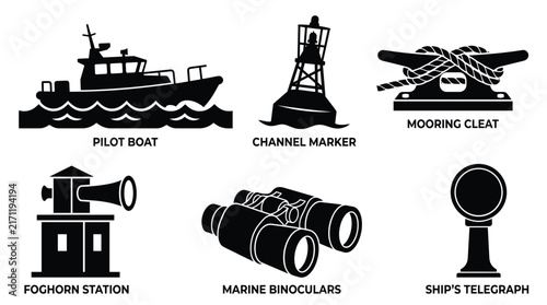 фотографія Marine and nautical equipment in black silhouette including pilot boat, channel