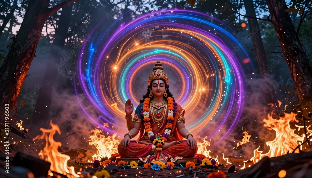 Fototapeta premium Sacred Divine Meditation: Hindu Goddess with Forest Fire and Light Circles